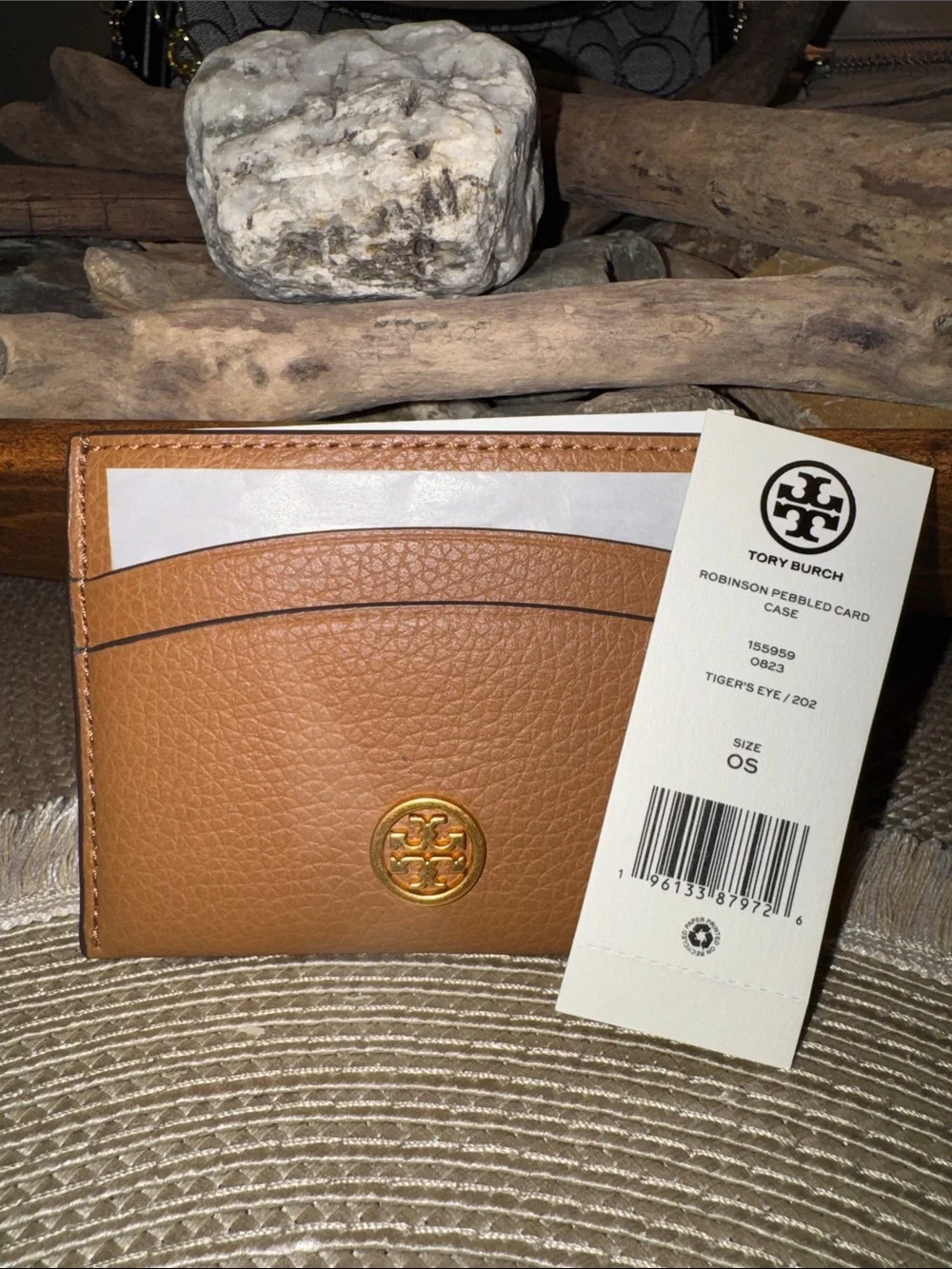 Tory Burch Cognac Leather Card Holder with Gold Logo